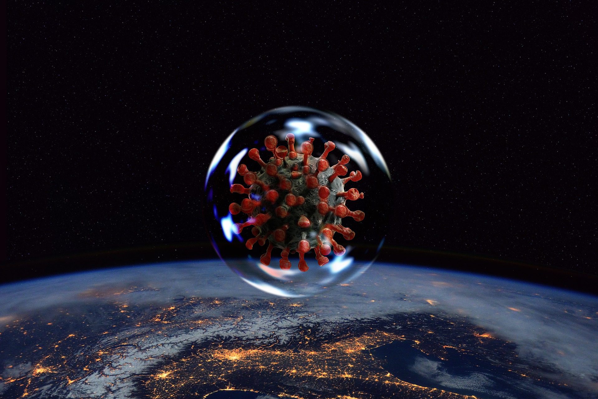coronavirus in bubble hovering over earth